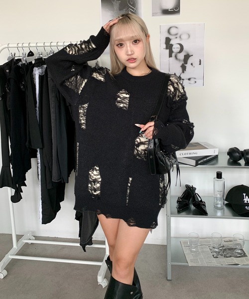 lilful(リルフル)の「ダメージクラッシュ加工 ビッグニットプルオーバー(ニット/セーター・メンズ・ブラック/グレー・M)」の15枚目の写真