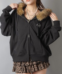 ふわ盛れフードで平成ギャル復活★後ろ姿まで可愛い主役パーカー/ミックスフェイクファー/ストーン