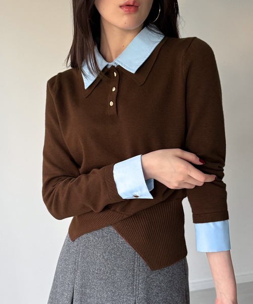 junoah(ジュノア)の「シャツレイヤードウエストシェイプニットポロ(ニット/セーター・レディース・チャコール/ネイビー/ブラウン・MEDIUM/LARGE)」の1枚目の写真