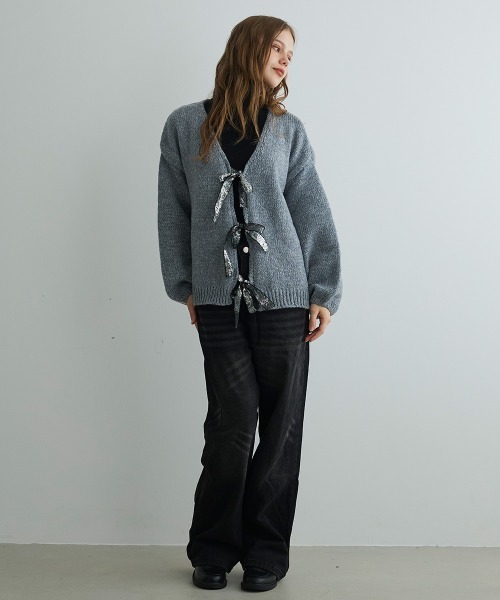 Mirette（ミレット）の「スパンコールリボンカーディガン / Sequin Ribbon Knit Cardigan（カーディガン/ボレロ・レディース・ブラック/グレー・FREE）」の9枚目の写真