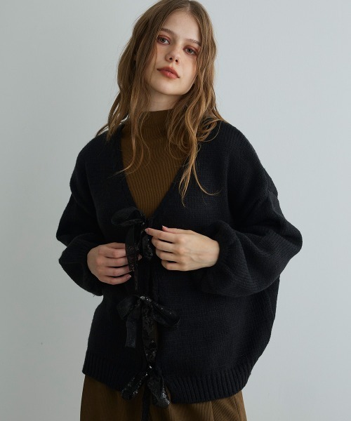 Mirette（ミレット）の「スパンコールリボンカーディガン / Sequin Ribbon Knit Cardigan（カーディガン/ボレロ・レディース・ブラック/グレー・FREE）」の13枚目の写真