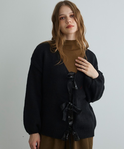 Mirette（ミレット）の「スパンコールリボンカーディガン / Sequin Ribbon Knit Cardigan（カーディガン/ボレロ・レディース・ブラック/グレー・FREE）」の14枚目の写真