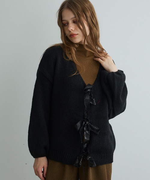 Mirette（ミレット）の「スパンコールリボンカーディガン / Sequin Ribbon Knit Cardigan（カーディガン/ボレロ・レディース・ブラック/グレー・FREE）」の16枚目の写真