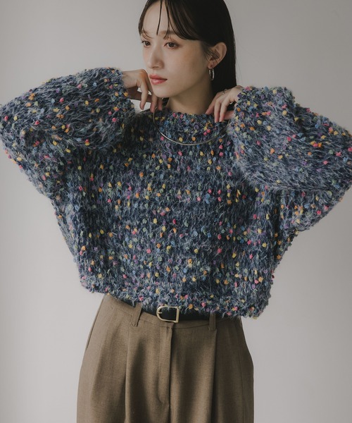 210nouve（トゥージュヌーブ）の「ミックスカラー オーバーサイズ クロップド丈 ニット（ニット/セーター・レディース・ブラウン/グリーン/ベージュ/ネイビー・FREE）」の4枚目の写真