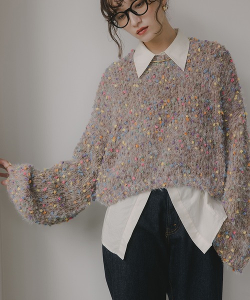 210nouve（トゥージュヌーブ）の「ミックスカラー オーバーサイズ クロップド丈 ニット（ニット/セーター・レディース・ブラウン/グリーン/ベージュ/ネイビー・FREE）」の2枚目の写真