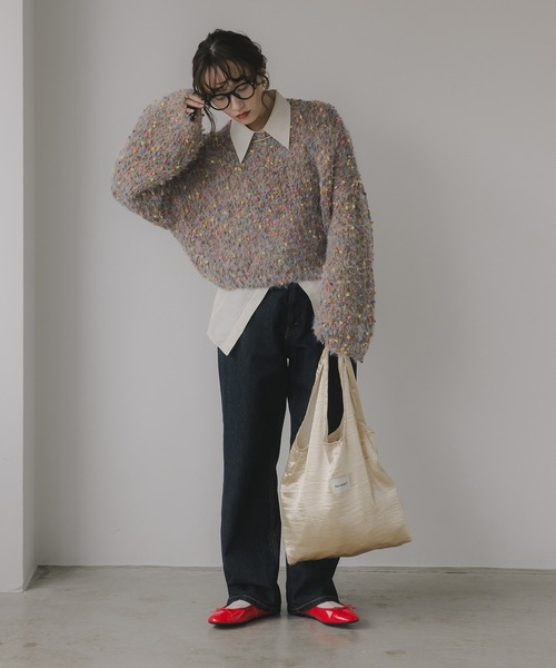 210nouve（トゥージュヌーブ）の「ミックスカラー オーバーサイズ クロップド丈 ニット（ニット/セーター・レディース・ブラウン/グリーン/ベージュ/ネイビー・FREE）」の17枚目の写真