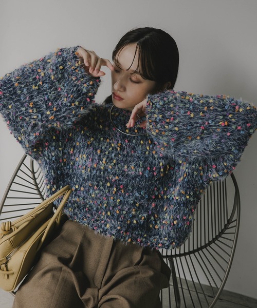 210nouve（トゥージュヌーブ）の「ミックスカラー オーバーサイズ クロップド丈 ニット（ニット/セーター・レディース・ブラウン/グリーン/ベージュ/ネイビー・FREE）」の9枚目の写真