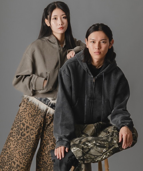 セール】ピグメントダイショート丈ダブルジップパーカー（パーカー