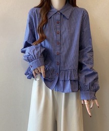 アシンメトリーフリルシャツ チェック シャツ ベーシックカラーシャツ