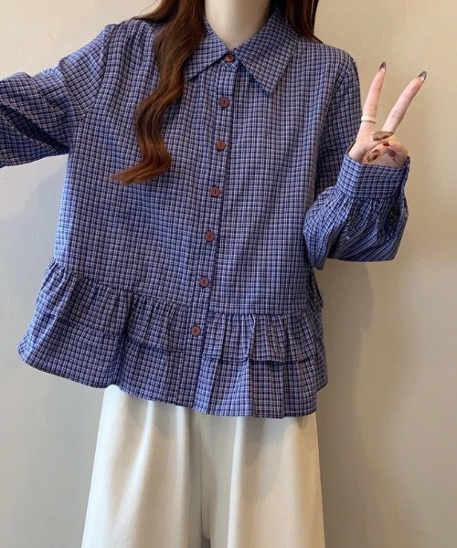 Beststore(ベストストア)の「アシンメトリーフリルシャツ チェック シャツ ベーシックカラーシャツ(シャツ/ブラウス・レディース・ブルー系その他・FREE)」の2枚目の写真
