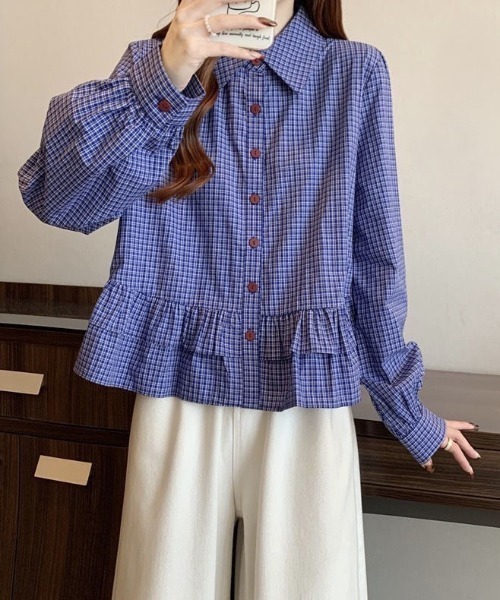 Beststore(ベストストア)の「アシンメトリーフリルシャツ チェック シャツ ベーシックカラーシャツ(シャツ/ブラウス・レディース・ブルー系その他・FREE)」の3枚目の写真