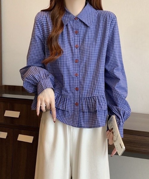 Beststore(ベストストア)の「アシンメトリーフリルシャツ チェック シャツ ベーシックカラーシャツ(シャツ/ブラウス・レディース・ブルー系その他・FREE)」の4枚目の写真