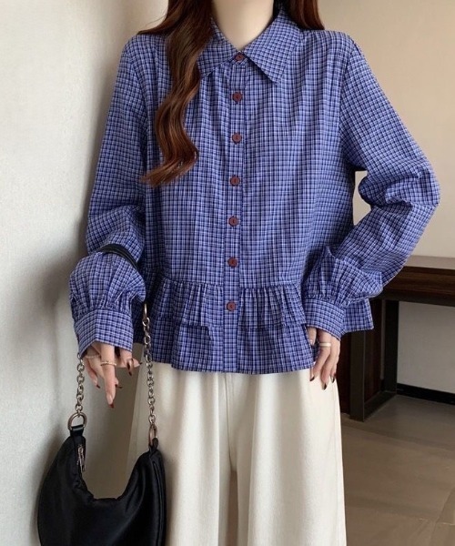 Beststore(ベストストア)の「アシンメトリーフリルシャツ チェック シャツ ベーシックカラーシャツ(シャツ/ブラウス・レディース・ブルー系その他・FREE)」の5枚目の写真