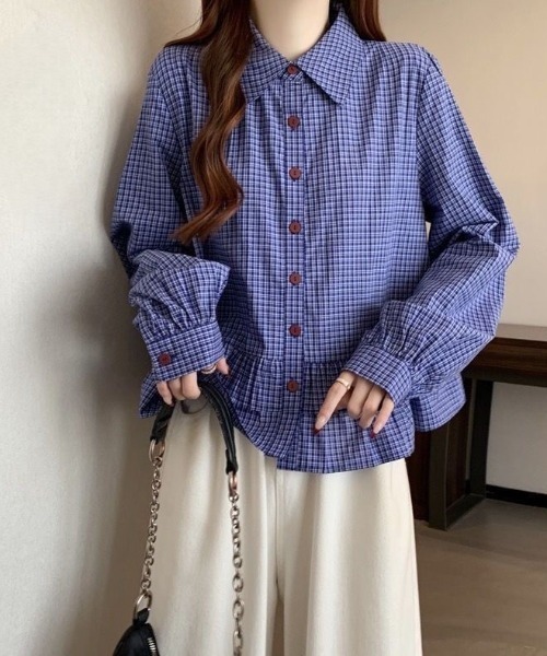 Beststore(ベストストア)の「アシンメトリーフリルシャツ チェック シャツ ベーシックカラーシャツ(シャツ/ブラウス・レディース・ブルー系その他・FREE)」の6枚目の写真