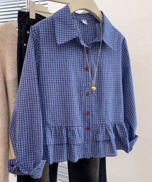 Beststore(ベストストア)の「アシンメトリーフリルシャツ チェック シャツ ベーシックカラーシャツ(シャツ/ブラウス・レディース・ブルー系その他・FREE)」の7枚目の写真