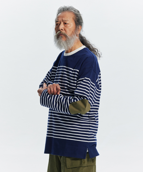 FRIZMWORKS(フリズムワークス)の「PATCH STRIPE BOAT NECK 004 _ NAVY(Tシャツ/カットソー・メンズ・その他・SMALL/MEDIUM/LARGE/X-LARGE)」の1枚目の写真