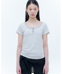Miseki SEOUL（ミセキソウル）の「Striped henley neck short sleeves GREY（Tシャツ/カットソー）」