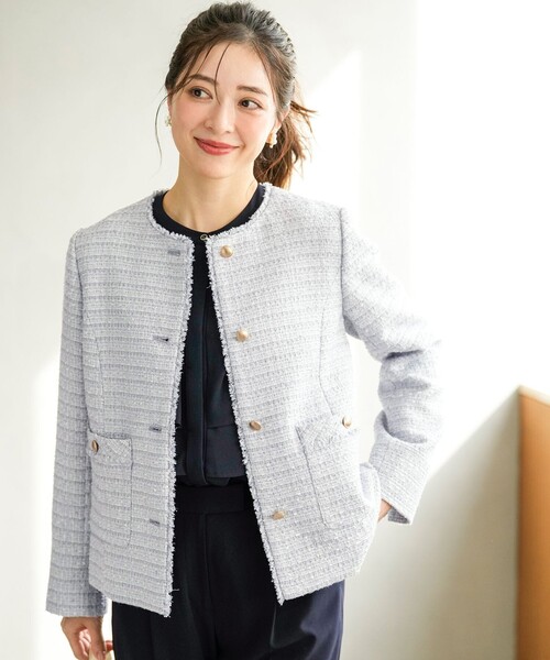 ANY SIS（エニィスィス）の「ノーカラーフリンジツイード ジャケット（ノーカラージャケット・レディース・ライトグレー系6/ネイビー系/ベージュ系6・LARGE/MEDIUM/SMALL）」の6枚目の写真