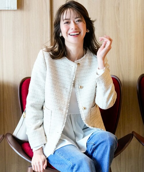 ANY SIS（エニィスィス）の「ノーカラーフリンジツイード ジャケット（ノーカラージャケット・レディース・ライトグレー系6/ネイビー系/ベージュ系6・LARGE/MEDIUM/SMALL）」の11枚目の写真