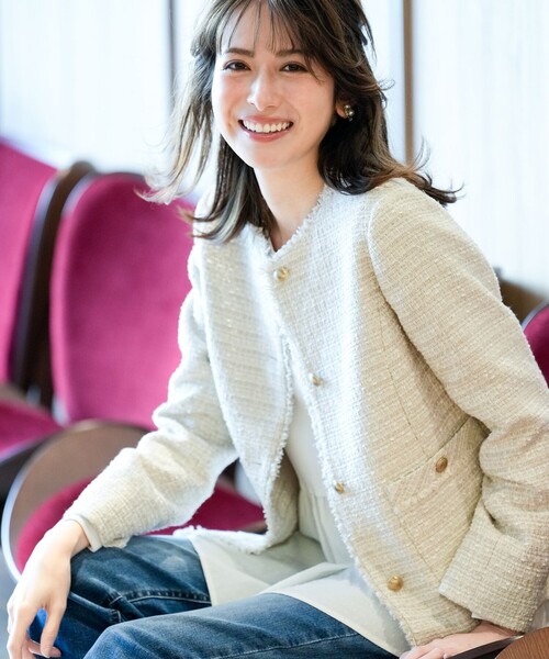 ANY SIS（エニィスィス）の「ノーカラーフリンジツイード ジャケット（ノーカラージャケット・レディース・ライトグレー系6/ネイビー系/ベージュ系6・LARGE/MEDIUM/SMALL）」の12枚目の写真