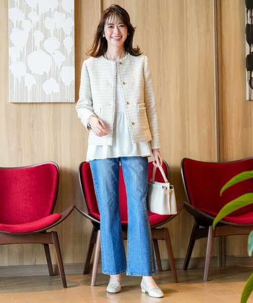 ANY SIS（エニィスィス）の「ノーカラーフリンジツイード ジャケット（ノーカラージャケット・レディース・ライトグレー系6/ネイビー系/ベージュ系6・LARGE/MEDIUM/SMALL）」の14枚目の写真