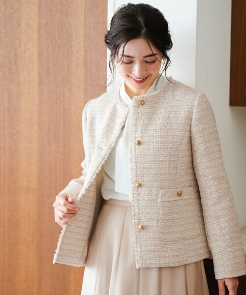 ANY SIS（エニィスィス）の「ノーカラーフリンジツイード ジャケット（ノーカラージャケット・レディース・ライトグレー系6/ネイビー系/ベージュ系6・LARGE/MEDIUM/SMALL）」の15枚目の写真