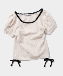 サイドリボンストラップポイントパフ半袖ニットトップ [アイボリー]