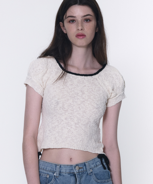 PLACE STUDIO（プレイススタジオ）の「サイドリボンストラップポイントパフ半袖ニットトップ [アイボリー]（ニット/セーター・レディース・アイボリー・FREE）」の5枚目の写真