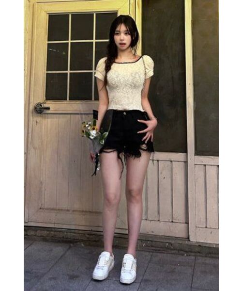 PLACE STUDIO（プレイススタジオ）の「サイドリボンストラップポイントパフ半袖ニットトップ [アイボリー]（ニット/セーター・レディース・アイボリー・FREE）」の6枚目の写真