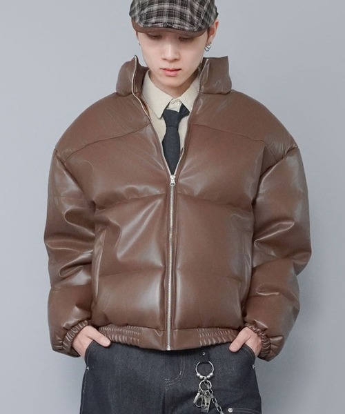 セール】短丈中綿フェイクダウンジャケット/合皮素材/ユニセックス