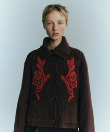 MARINE COLLAR JACQUARD CARDIGAN - BROWN