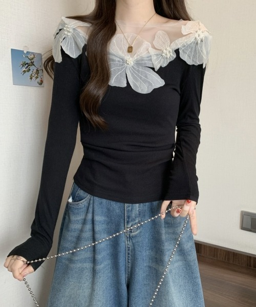 gossip!ロサンゼルス(ゴシップロサンゼルス)の「【Y2Kガーリー】レトロチュールレースクルーネック長袖Tシャツ(シャツ/ブラウス・レディース・オフホワイト/ブラック・FREE)」の3枚目の写真