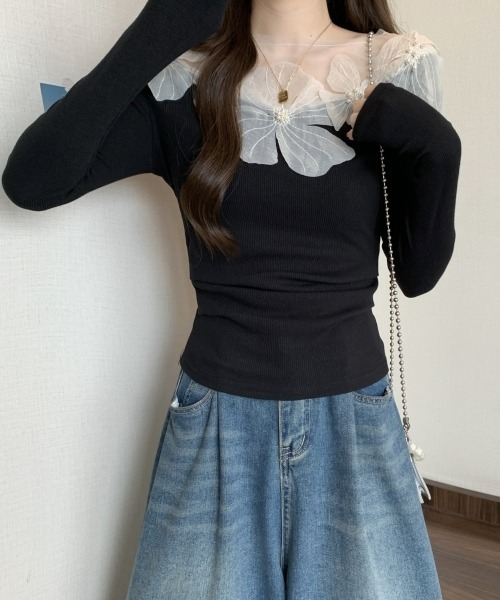 gossip!ロサンゼルス(ゴシップロサンゼルス)の「【Y2Kガーリー】レトロチュールレースクルーネック長袖Tシャツ(シャツ/ブラウス・レディース・オフホワイト/ブラック・FREE)」の6枚目の写真