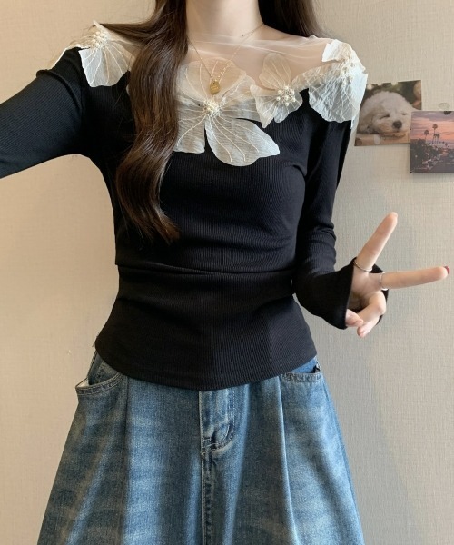 gossip!ロサンゼルス(ゴシップロサンゼルス)の「【Y2Kガーリー】レトロチュールレースクルーネック長袖Tシャツ(シャツ/ブラウス・レディース・オフホワイト/ブラック・FREE)」の7枚目の写真