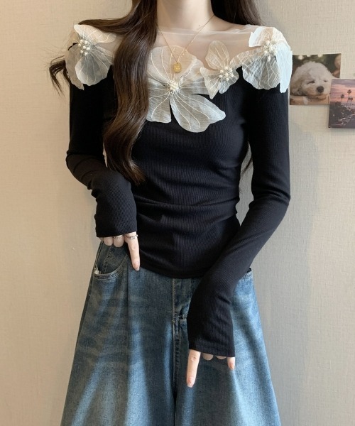 gossip!ロサンゼルス(ゴシップロサンゼルス)の「【Y2Kガーリー】レトロチュールレースクルーネック長袖Tシャツ(シャツ/ブラウス・レディース・オフホワイト/ブラック・FREE)」の8枚目の写真