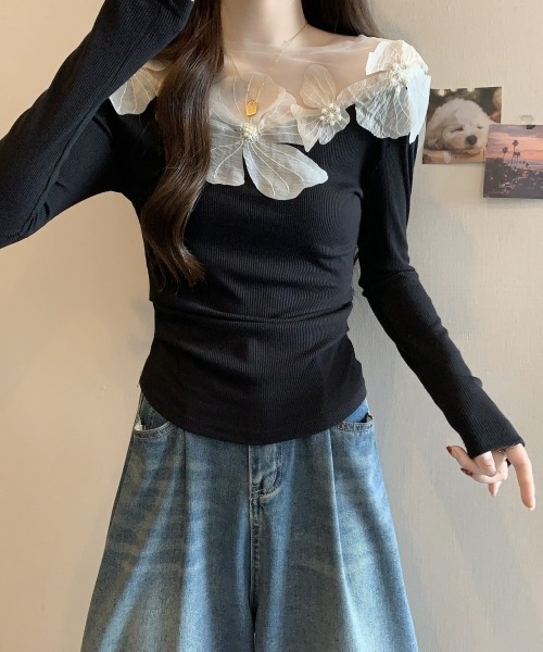 gossip!ロサンゼルス(ゴシップロサンゼルス)の「【Y2Kガーリー】レトロチュールレースクルーネック長袖Tシャツ(シャツ/ブラウス・レディース・オフホワイト/ブラック・FREE)」の9枚目の写真