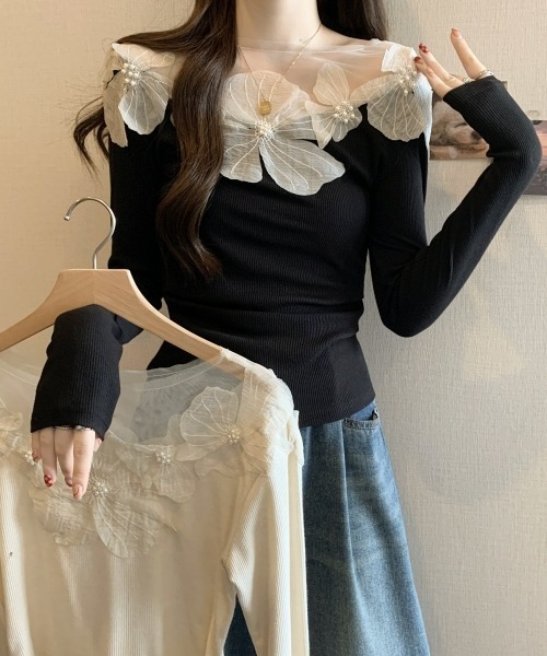 gossip!ロサンゼルス(ゴシップロサンゼルス)の「【Y2Kガーリー】レトロチュールレースクルーネック長袖Tシャツ(シャツ/ブラウス・レディース・オフホワイト/ブラック・FREE)」の10枚目の写真