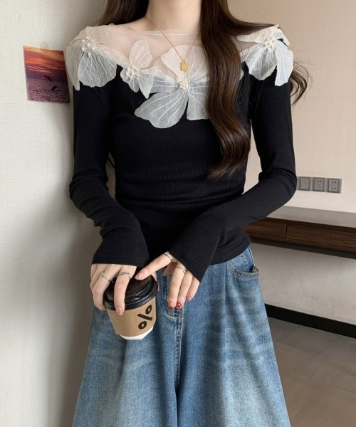 gossip!ロサンゼルス(ゴシップロサンゼルス)の「【Y2Kガーリー】レトロチュールレースクルーネック長袖Tシャツ(シャツ/ブラウス・レディース・オフホワイト/ブラック・FREE)」の11枚目の写真