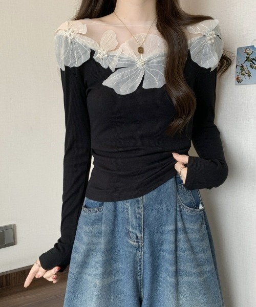 gossip!ロサンゼルス(ゴシップロサンゼルス)の「【Y2Kガーリー】レトロチュールレースクルーネック長袖Tシャツ(シャツ/ブラウス・レディース・オフホワイト/ブラック・FREE)」の12枚目の写真