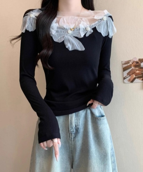 gossip!ロサンゼルス(ゴシップロサンゼルス)の「【Y2Kガーリー】レトロチュールレースクルーネック長袖Tシャツ(シャツ/ブラウス・レディース・オフホワイト/ブラック・FREE)」の13枚目の写真
