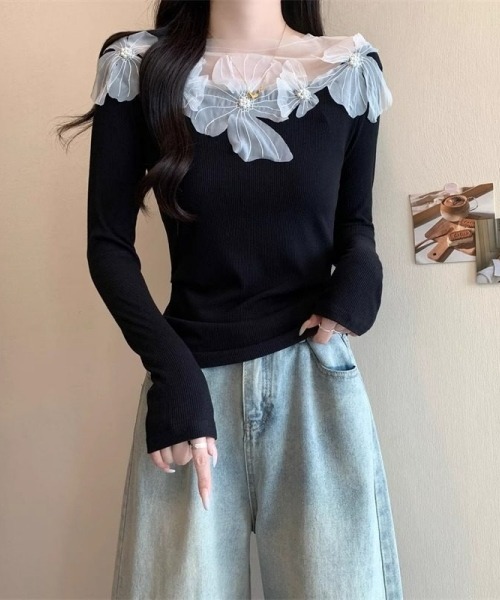 gossip!ロサンゼルス(ゴシップロサンゼルス)の「【Y2Kガーリー】レトロチュールレースクルーネック長袖Tシャツ(シャツ/ブラウス・レディース・オフホワイト/ブラック・FREE)」の14枚目の写真