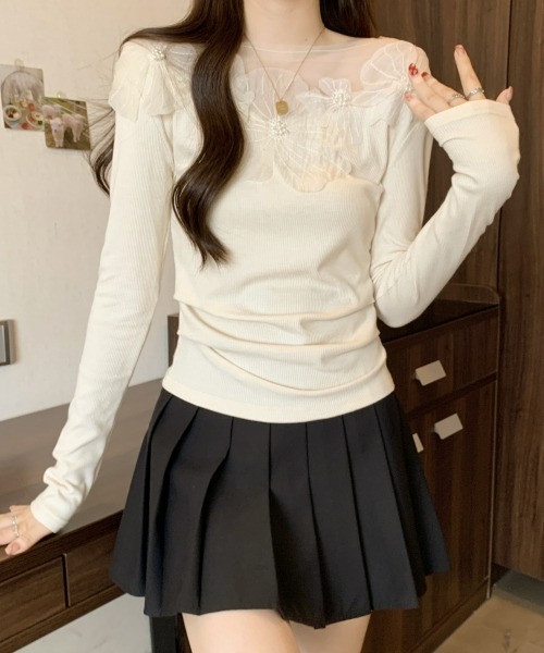 gossip!ロサンゼルス(ゴシップロサンゼルス)の「【Y2Kガーリー】レトロチュールレースクルーネック長袖Tシャツ(シャツ/ブラウス・レディース・オフホワイト/ブラック・FREE)」の18枚目の写真