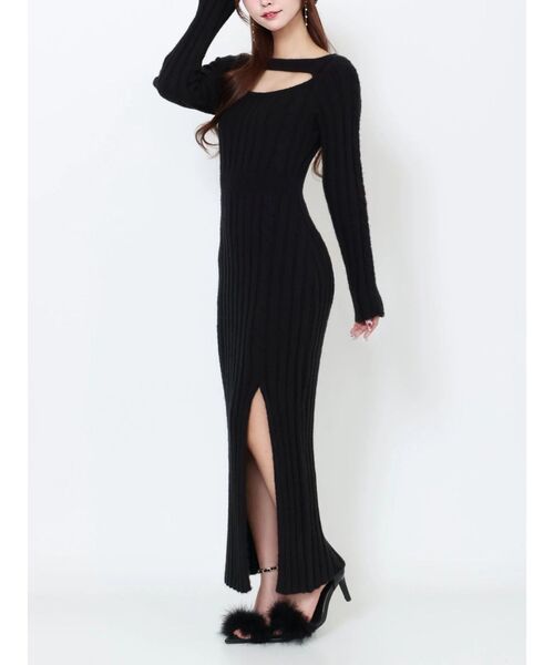 EATME（イートミー）の「ディープスリットデコルテリブワンピース（ワンピース・レディース・その他2/ブラック/その他/グレー・FREE）」の2枚目の写真