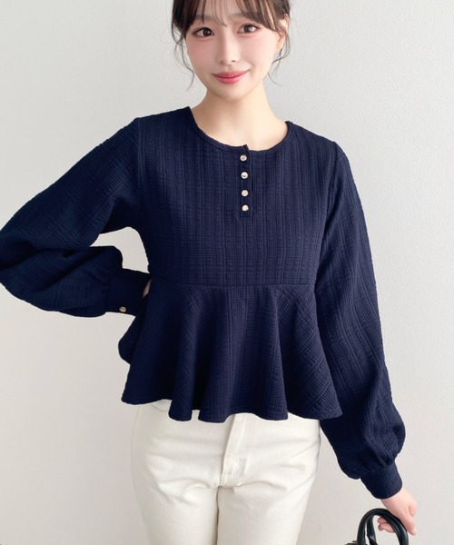 ブロックジャガードヘンリーネック長袖ペプラムブラウス（シャツ
