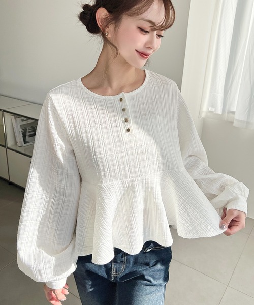 セール】ブロックジャガードヘンリーネック長袖ペプラムブラウス