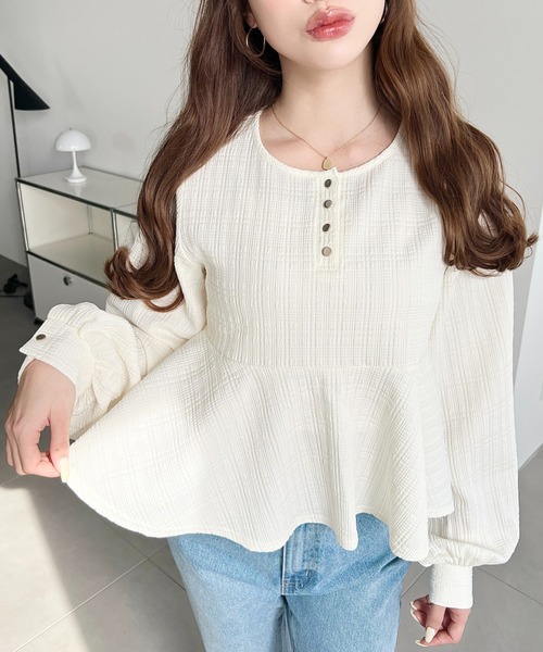 ブロックジャガードヘンリーネック長袖ペプラムブラウス（シャツ