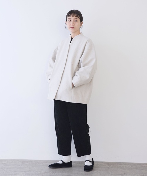yuni(ユニ )の「△ウールsuper100 middle length cocoonコート(ノーカラーコート・レディース・アイボリー/パープル/ブラック・FREE)」の14枚目の写真