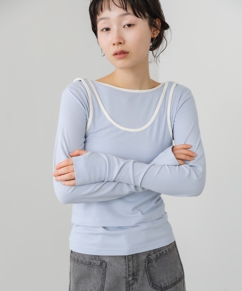 Bab（バブ）の「パイピングリブトップス＆タンクSET（Tシャツ/カットソー・レディース・アイボリー/チャコールグレー/ブルー・FREE）」の3枚目の写真