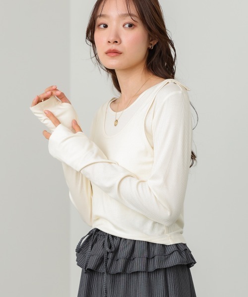 Bab（バブ）の「パイピングリブトップス＆タンクSET（Tシャツ/カットソー・レディース・アイボリー/チャコールグレー/ブルー・FREE）」の4枚目の写真