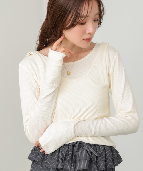 Bab（バブ）の「パイピングリブトップス＆タンクSET（Tシャツ/カットソー・レディース・アイボリー/チャコールグレー/ブルー・FREE）」の5枚目の写真